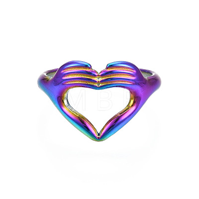 Ion Plating(IP) Rainbow Color 304 Stainless Steel Heart Gesture Open Cuff Ring for Women RJEW-S405-260M-1