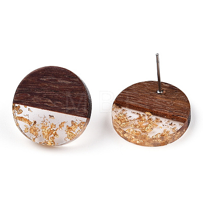 Resin & Walnut Wood Flat Round Stud Earrings with 304 Stainless Steel Pin for Women EJEW-TADZ0001-01G-1