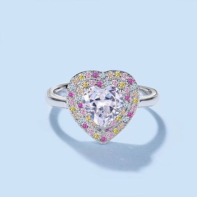 Rhodium Plated 925 Sterling Silver Heart Finger Ring with Colorful Cubic Zirconia RJEW-F150-72B-P-1