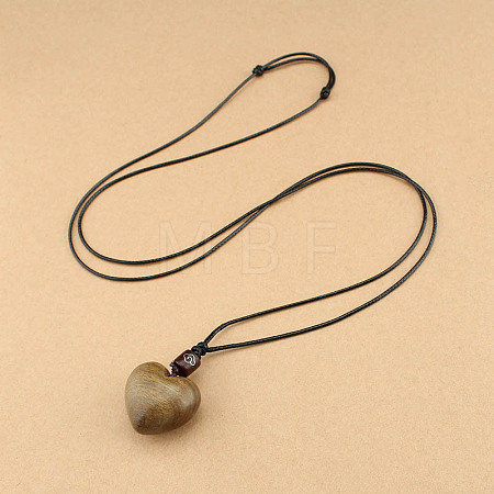 Wood Heart Pendant Adjustable Black Waxed Cord Necklaces for Women FS-WG059F7-01-1