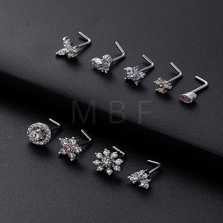 316L Surgical Stainless Steel Clear Cubic Zirconia L-Shaped Nose Rings WG135CD-10-1