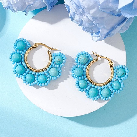 Shell Pearl & Synthetic Green Turquoise & Natural Black Onyx Flower Hoop Earrings EJEW-MZ00662-02-1