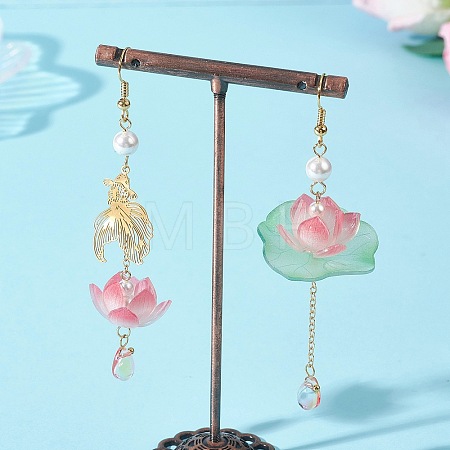 Fish with Lotus Glass & Acrylic Beads Dangle Earrings EJEW-TA00786-1