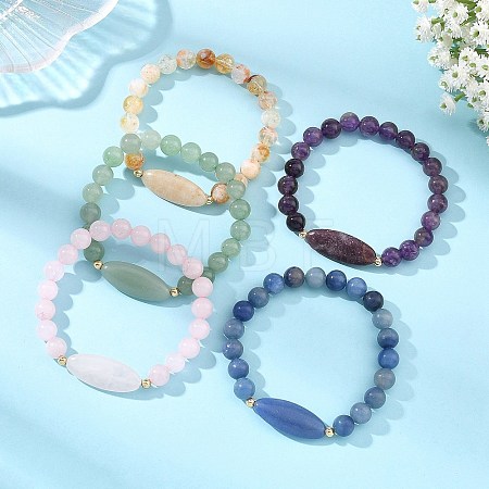 Natural Mixed Stone Round and Oval Beaded Stretch Bracelets BJEW-JB14485-1