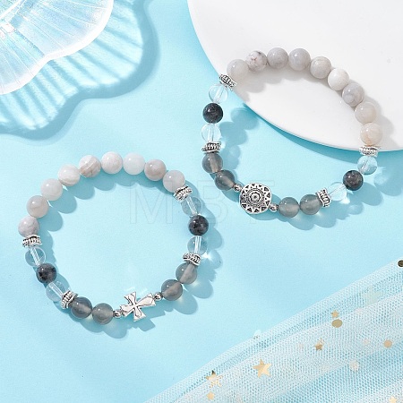2Pcs Round Natural Quartz Crystal & Grey Agate & Larvikite & White Crazy Lace Agate Beads Stretch Bracelets BJEW-JB13000-1