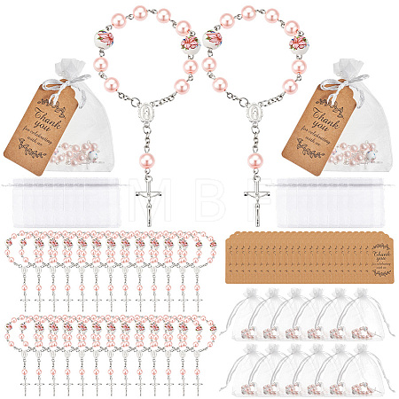 50Pcs Plastic Imitation Pearl and Porcelain Round Link Metal Virgin Cross Charm Rosary Bracelets BJEW-WA0001-07B-1