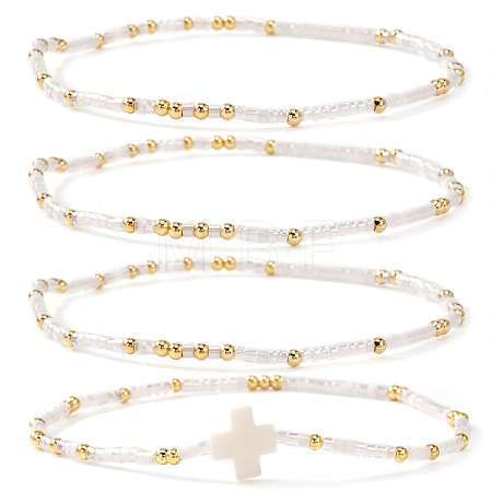 4Pcs Vintage Cylinder Seed Beads &  Brass Beaded Bracelet Sets VC6317-6-1