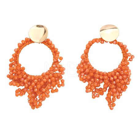 Flat Round Brass Glass Bead Dangle Stud Earrings FS-WG04037-03-1