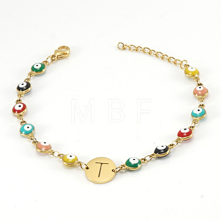 Colorful 304 Stainless Steel & Evil Eye Enamel Flat Round Link Bracelets FS-WGB13F5-20-1