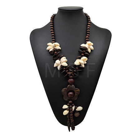 Boho Coconut & Wood & Natural Shell Handmade Ethnic Pendant Long Tassel Beaded Necklaces for Beach Vacation WG0A164-01-1