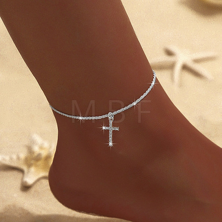 Alloy Crystal Rhinestone Cross Charm Anklets for Women FS-WGFFC1B-03-1