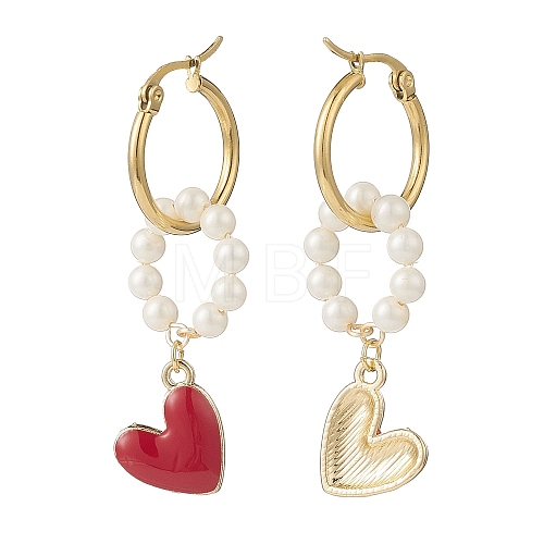 Shell Pearl Beaded Ring with Alloy Heart Dangle Hoop Earrings EJEW-TA00172-1