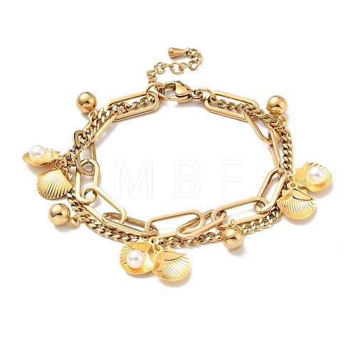 Plastic Pearl Shell and Round Ball Charm Multi-strand Bracelet BJEW-G639-27G-1