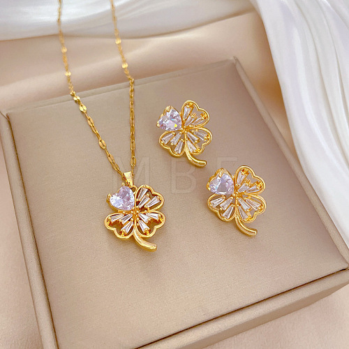 Brass Micro Pave Cubic Zirconia Pendant Necklace & Stud Earrings WG7AC39-55-1