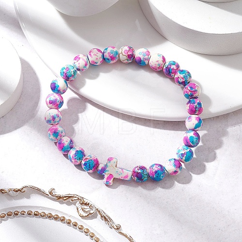 Round Synthetic Turquoise Beaded Stretch Bracelets for Womenm Men BJEW-JB11548-02-1