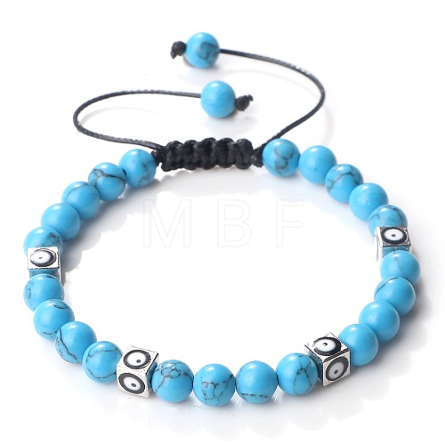 Trendy Ethnic Style Cube Evil Eye & Round Dyd Synthetic Turquoise Beaded Stretch Bracelets PJ2289-5-1