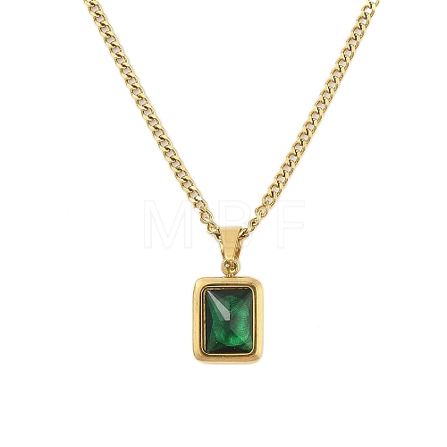 304 Stainless Steel Pave Green Cubic Zirconia Rectangle Pendant Necklaces NJEW-N055-19G-1