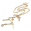 304 Stainless Steel Pave Clear Cubic Zirconia Religion Cross Teardrop Pendant Y Long Tassl Lariat Necklaces for Women NJEW-G199-04G-5
