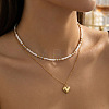 Stainless Steel Heart Pendant White Glass Seed Beaded Double Layer Necklaces CO2077-1-1
