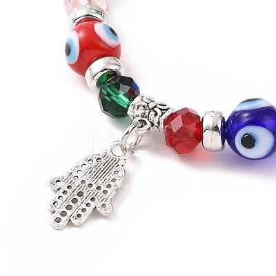 Random Color Lampwork Evil Eye & Glass Beaded Stretch Bracelet with Alloy Hamsa Hand Charm for Women RELI-PW0001-036G-1