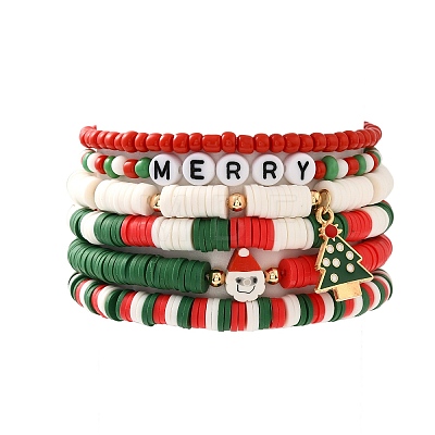 6Pcs Christmas Theme Polymer Clay Heishi Beads & Glass Seed Beaded Stretch Bracelets Set BJEW-TA00539-1