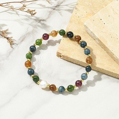 Natural Green Jade Imitation Tourmaline & Freshwater Pearl & Brass Round Beaded Bracelets for Women BJEW-JB13931-1