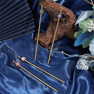 4Pcs 4 Styles Cherry Quartz Glass & Natural Blue Spot Jasper & Natural Green Aventurine & Natural Amethyst & Brass Hair Sticks OHAR-ME00003-1