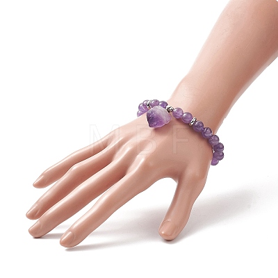 Round Natural Amethyst Beaded Stretch Bracelet with Nuggets Charms for Women BJEW-JB09316-01-1