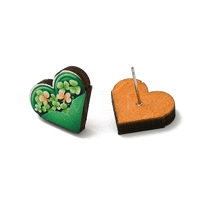 Saint Patrick's Day Green Wood Stud Earrings EJEW-D074-01E-1