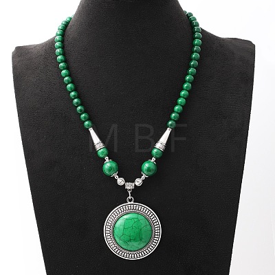 Vintage Alloy with Dyed Synthetic Turquoise Bohemian Flat Round Pendant Round Beaded Necklaces for Women DH5504-4-1