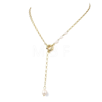 Adjustable 304 Stainless Steel Figaro Chain Natural Pearl Rice Y Tassel Lariat Necklaces for Women NJEW-JN06146-1