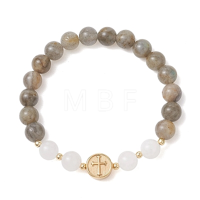 Round Natural Labradorite & White Jade Beads Stretch Bracelets BJEW-JB13674-1