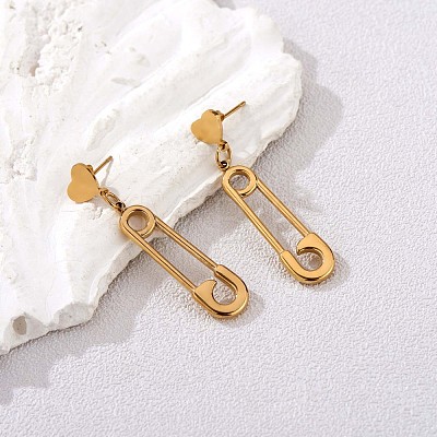 430 Stainless Steel Safety Pin Shape Dangle Stud Earrings for Women JE946A-1