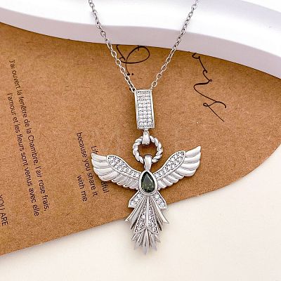 Brass Pave Cubic Zirconia Phenix Pendant Necklaces for Women WGFFBCE-03-1
