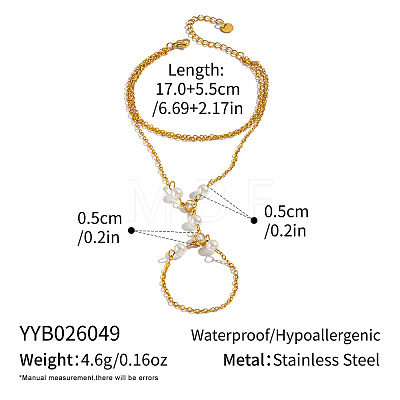 304 Stainless Steel and Imitation Pearl Multi-Strand Hand Chain Ring Bracelets with Clear Cubic Zirconia for Women VO2892-1