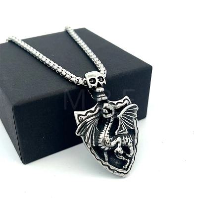 Vintage 304 Stainless Steel Skull Shield with Dragon Pendant Necklaces for Men IV2024-1