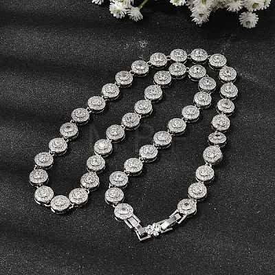 Brass Micro Pave Clear Cubic Zirconia Flat Round Link Chain Necklaces for Women NJEW-B157-18P-1