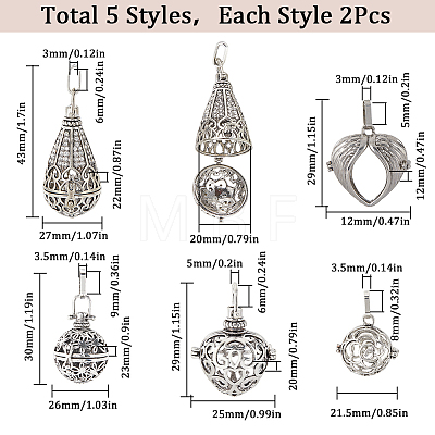 SUNNYCLUE 10Pcs 5 Styles Tibetan Style Brass Cage Pendants KK-SC0004-33-1