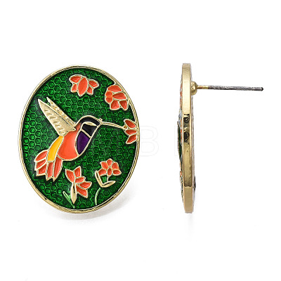 Enamel Hummingbird and Flower Stud Earrings EJEW-N046-019-1