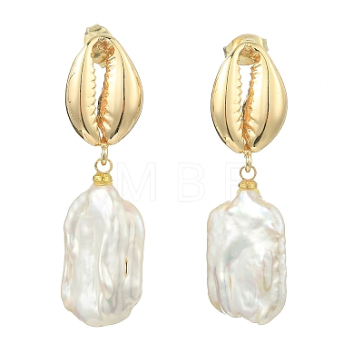 Nuggets with Shell Shape Natural Amber & Natural Cultured Freshwater Pearl Dangle Stud Earrings EJEW-JE07023-1