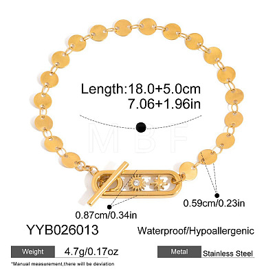 304 Stainless Steel Flat Sequin Chain Bracelets with Crystal Rhinestone with Moo Sun Star OT Clasps PL6562-1