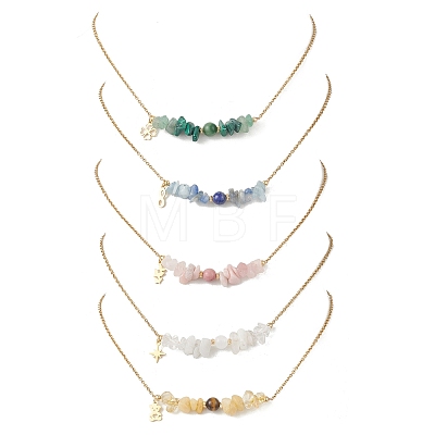 Natural Mixed Gemstone Chip and Round Beaded Pendant 304 Stainless Steel Cable Chain Necklaces for Women NJEW-JN05741-1