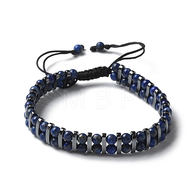 Natural Lapis Lazuli and Synthetic Hematite Adjustable Braided Bead Bracelets BJEW-H626-01-07-1