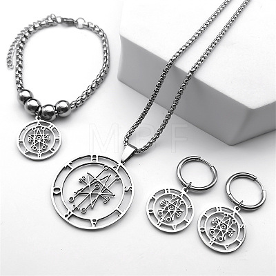 304 Stainless Steel Astaroth Sigil Goetia Charms Bracelets & Hoop Earrings & Pendant Necklaces Sets FS-WG27906-01-1