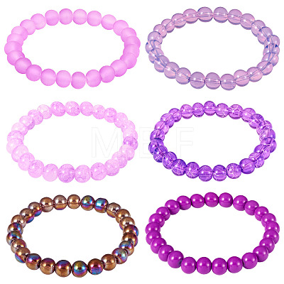 6Pcs 6 Styles 8mm Glass Round Beaded Stretch Bracelet Sets BJEW-TAC0022-1