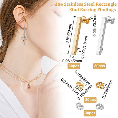 60Pcs 2 Color 304 Stainless Steel Rectangle Stud Earring Findings STAS-BBC0002-46-1