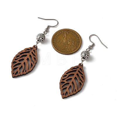 Leaf Natural Walnut Wood Dangle Earrings EJEW-JE06102-01-1