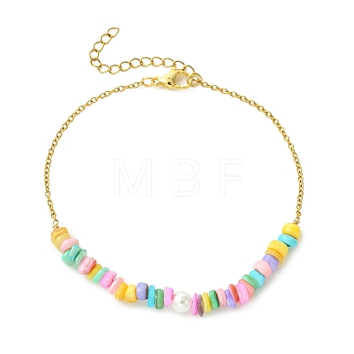 Natural Dyed Freshwater Shell Nuggets Beaded 304 Stainless Steel Cable Chain Anklets for Women AJEW-AN00827-03-1