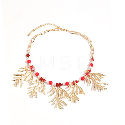 Boho Alloy Coral Shape Pendant Bib Necklaces with Resin Beads for Women WG3C14A-02-1