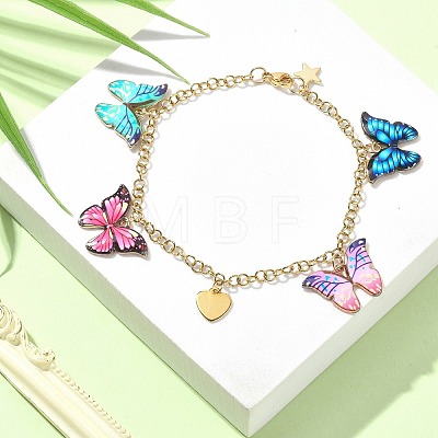 Enamel Butterfly & Alloy Heart Charm Bracelet with Ion Plating(IP) 304 Stainless Steel Chains BJEW-JB09558-1